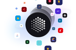 The image features a large central circle that appears to be the logo of StackSpot, marked by a series of smaller circles grouped in a circular pattern on a black background. Surrounding this central circle is a luminous blue orbit with various icons floating within it, each representing different technologies and programming languages such as Java, Git, Docker, Kubernetes, Angular, .NET, and others.
