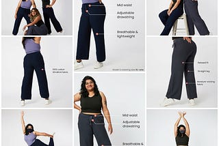 My first photoshoot with Bliss Club, which shows up in their catalog for Moving All Day (MAD) Pants, Size XL-una and Colors: Devika Dark Navy & Gowri Grey. The first two pictures are of me with other models, women who move. The middle pictures are the front view of me showing the fit of the MAD pants. The side pictures show the back view of the MAD pants. And the last two pictures in the bottom row show how easy it is to move in them into Dancer’s and Goddess Poses.
