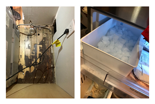 Two photos, one of a worn hardwood floor behind a newer refrigerator, showing a hole cut into the drywall and, amazingly, no evidence of water damage. The second, an automatic ice maker from the same refrigerator.