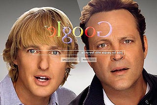 Photograph of Nick and Billy from The Internship move staring through a screen at the Google search bar.