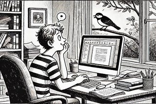 a black-and-white drawing of a boy distracted by a bird and no longer working