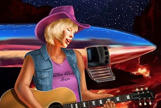 Woman singing, playing guitar, standing in front of her spaceship on a starry night. She’s wearing a pink “cowgirl” hat.