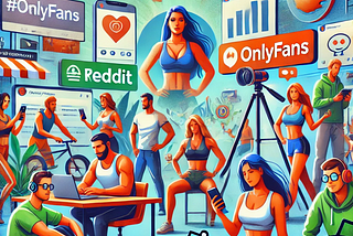 An illustration of a diverse group of OnlyFans creators engaging with their fans through various digital platforms such as social media and Reddit. The creators represent different interests such as fitness, cooking, and art. The background includes elements like smartphones, hashtags, and community discussions symbolizing social media and Reddit. The scene is vibrant and modern, with the title text ‘Discovering Top OnlyFans Creators: Your Ultimate Guide’ at the top of the image.