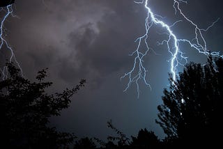 A navy blue sky with clouds, silhouetted by tropical trees. But there is an electric blue lightning that strikes the sky