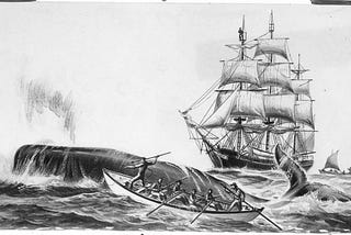 A whaling boat is dwarfed by the enormous whale in the foreground, men in a small boat. There is a schooner in the background