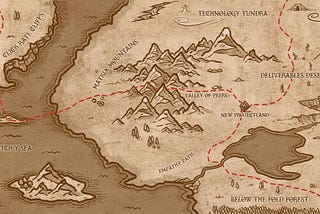 UX Fantasy Map with Click Rate Cliffs, Technology Tundra, Matrix Mountains, Valley of Peers, Deliverables Desert, New Projectland, Sketch-y Sea, Empathy Path, and Below the Fold Forest locations.