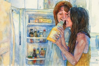 A watercolor in cheerful hues of blues and yellows of two young women in summer dresses, standing in the light of an open refrigerator, laughing, as they fight gleefully over who gets the first swig from an open bottle of orange juice.