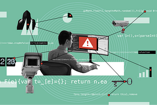 cybersecurity professional sitting in front of a monitor surrounded by security cameras