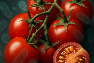 A high-resolution close-up of glossy red cherry tomatoes, one sliced open to reveal its juicy interior. A faint, translucent overlay of microscopic bacteria shapes hovers in the background, symbolizing hidden contamination while keeping the image clean, bright, and visually appealing.