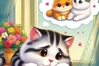 a illustration for a children’s storybook, a shy sad male tom cat is lying in a window sill, his head resting on his front paws, in a thought bubble above his head he is dreaming about him giving a bouquet of posies to 2 pretty Persian kitties