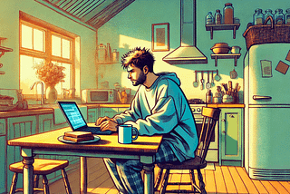 A man sitting at his laptop while eating breakfast.