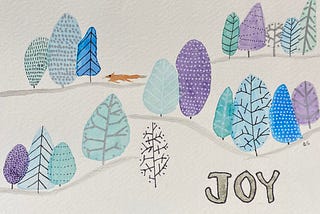 A notecard front shows painted trees in winter. The word “Joy” is in the bottom right corner.