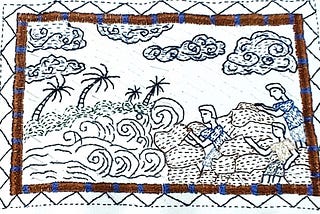 A weaved handkerchief in white shows dark clouds, coconut trees, and the rising river while three community members are protecting the embankments to prevent water from flooding their islands