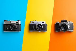 Colourful image of three vintage cameras