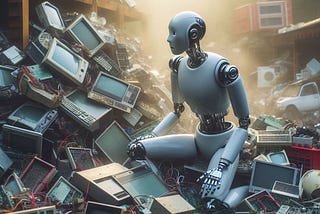 A robot waking up in an area full of old electronics, he’s the only one aware of them and he’s unsure of the meaning of all this