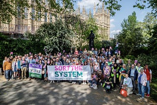 Sort the System banner with large crowd of happy people in the sun near Parliament