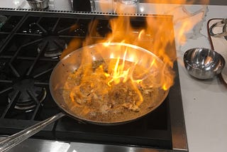 First night back flambé, or, Chicken Supreme