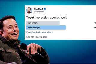 A picture of Elon Musk holding a microphone with a screenshot of his twitter poll about impression views