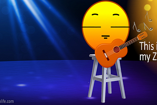 An emoji with eyes closed holding a guitar is in the performance zone with the words “This is my Zen” beside it with a glowing aura over its head.