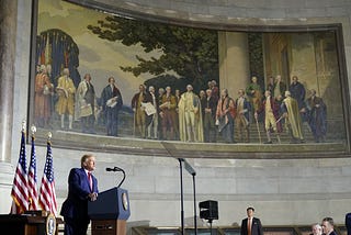 President Donald Trump speaks to the White House conference on American History at the National Archives museum, Thursday, Se