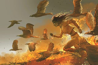 Woman and birds escaping a forest fire. Human created art, no AI