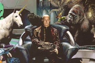 Gold skinned man sitting on SF throne with a unicorn over left shoulder, a gorilla over right and several cats. Source: https://amazingstories.com/2013/10/bad-science-fiction-fantasy-art/