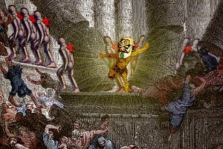 A Dore engraving of Samson toppling the temple, in which a loincloth-clad Samson pushes aside the columns holding up an Egyptian(ish) temple as people flee the collapsing roof. The image has been altered: Samson’s head has been replaced with the head of a pulp magazine robot, while in the background trudge away many other robots. Samson is gold-tinted, and has been limned with a nova of golden light. The rest of the image has been hand-tinted.