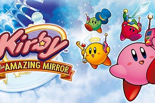 Cover image of Kirby and the amazing mirror featuring 4 differently colored kirby’s happily jumping in the air holding telephones