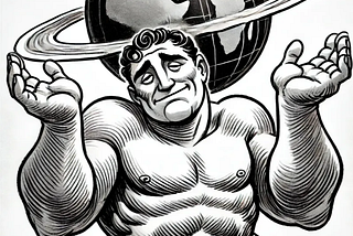 a humorous rendering of Atlas, shrugging, in a reference to the Ayn Rand classic