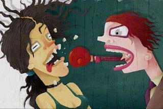 This is an illustration that is using a visual metaphor to visually represent verbal abuse. One person is speaking to another person. The person on the right has a punching glove coming out of their mouth and hitting the mouth of the person in front of them. The person receiving the punch has been hit by the punching glove coming out of the other person’s mouth and some of their teeth are flying in the air.