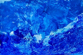 Artwork by Author — (watery landscape depicting a girl in reverence) with shades of watercolor-acrylic blue & white blend on canvas