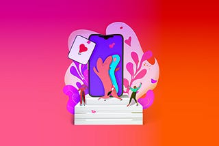 An illustration of a person on a pedestal dancing in front of an oversized phone.