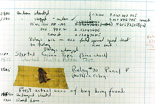An image of Grace Hopper’s log book in which she found a moth embedded in the Mark II Aiken Relay Calculator.