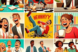 A mix of folks sharing laughs in various places like work, a movie night, laughter yoga, or over a coffee spill.