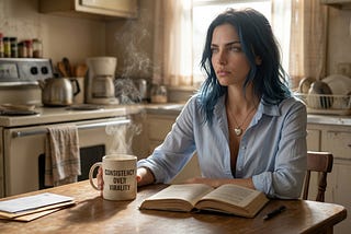 A woman sits alone at a worn kitchen table, one hand wrapped around a steaming mug. The mug reads “Consistency Over Virality.” Dark hair with cobalt blue tones, loose, slightly undone. Light blue shirt, open at the collar, with a heart locket. An open book on the table in front of her, unread. A few unopened envelopes beside it. She is not looking at any of it. Expression: present in body, somewhere else entirely. Morning light through thin curtains. Old stove behind her. AlchemMyst/Elle Norris