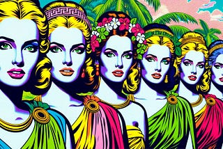 A Pop Art image of five women styled as Greek goddesses set against a lush tropical island backdrop