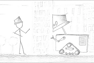 Sticky figure style drawing with human wearing a hat standing in front of a squarish robot wearing a similar style of hat, ostensibly trying — and failing — to look like the human.