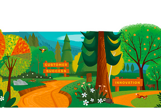 Illustration of paths through a forest with two signs: Customer success and Innovation