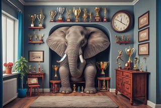 A big elephant in a tiny room with winning trophies on the walls and a large clock