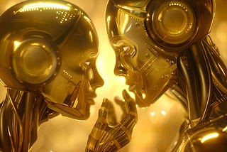 Two golden humanoid robots in a tender moment.