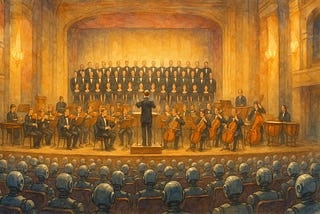 AI-generated painting of a symphony orchestra and choir performing for an audience of robots.