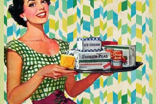 Lady in 50’s dress holding a tray with packets of butter, peas and icecream
