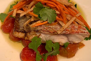 pan seared red snapped with confit tomatoes and fresh jicama/carrot slaw