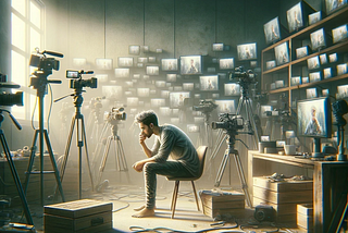 Digital artwork illustrating a YouTuber surrounded by cameras and screens in a lonely room, symbolizing the isolation experienced in the digital world. The contemplative expression of the YouTuber highlights the mental and emotional toll, set against a backdrop of hope and calmness.