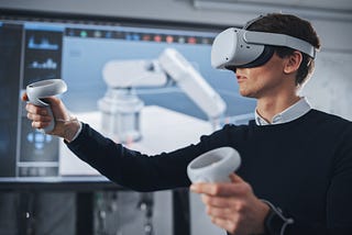 An industrial worker or an engineer working in machine models in VR.