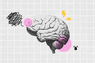 An illustration of a human brain with various graphic elements representing cognitive overload. On the left side, there is a black scribble with a pink circle around it, symbolizing confusion and stress. On the top right of the brain, there are yellow lightning icons, representing a sense of overload. At the bottom right, there is a pink circle and an alarm icon, symbolizing alertness and stress.
