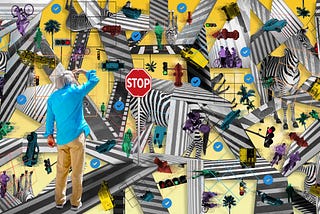 A collage picturing a chaotic intersection filled with reCAPTCHA items like crosswalks, fire hydrants and traffic lights, representing the unseen labor in data labelling.