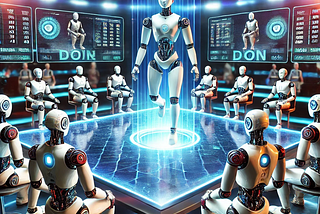 DALL-E rendering of afuturistic competition between humanoid robots, set in a high-tech arena with bright neon lights.