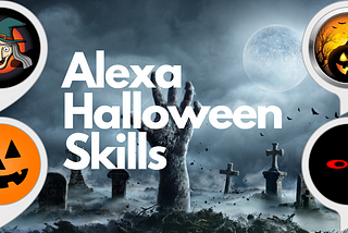 Selection of Halloween Alexa skill logos against a spooky background, with the text “Alexa Halloween Skills”