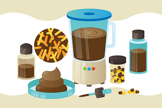 Illustration shows blender with brown material alongside vials of brown liquid and pills, and a petri dish holding poop.